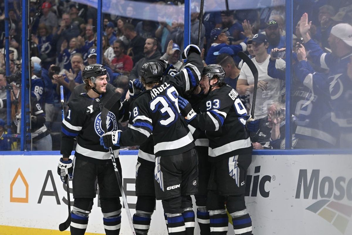 Mar 28, 2026; Tampa, Florida, USA; Tampa Bay Lighting team celebrate after scoring against Ottawa Senators at Benchmark International Arena. Mandatory Credit: Pablo Robles-Imagn Images