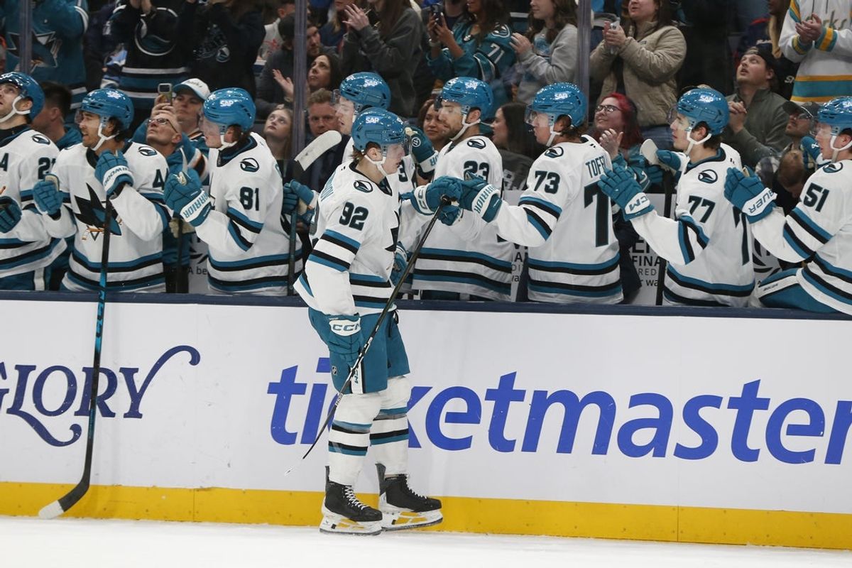Mar 28, 2026; Columbus, Ohio, USA; San Jose Sharks left wing Igor Chernyshov (92) celebrates his goal against the Columbus Blue Jackets during the first period at Nationwide Arena. Mandatory Credit: Russell LaBounty-Imagn Images