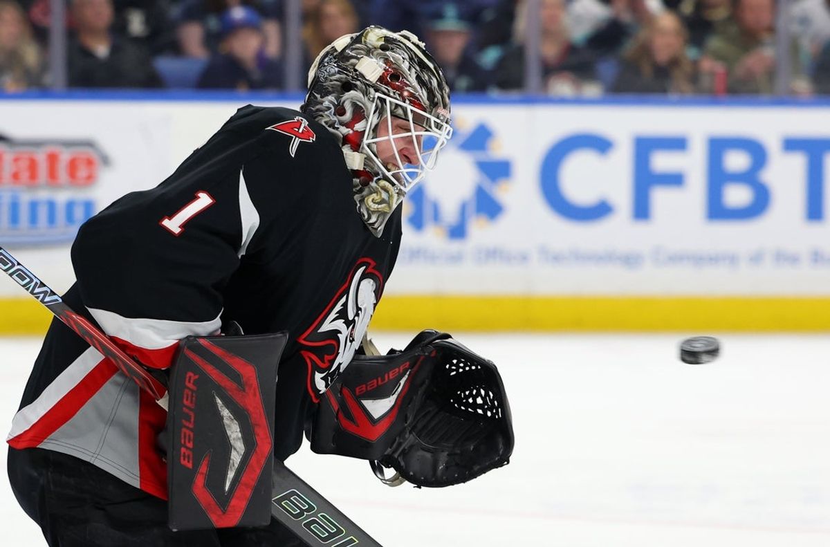 Mar 28, 2026; Buffalo, New York, USA;  Buffalo Sabres goaltender Ukko-Pekka Luukkonen (1) looks to make a save during the first period against the Seattle Kraken at KeyBank Center. Mandatory Credit: Timothy T. Ludwig-Imagn Images