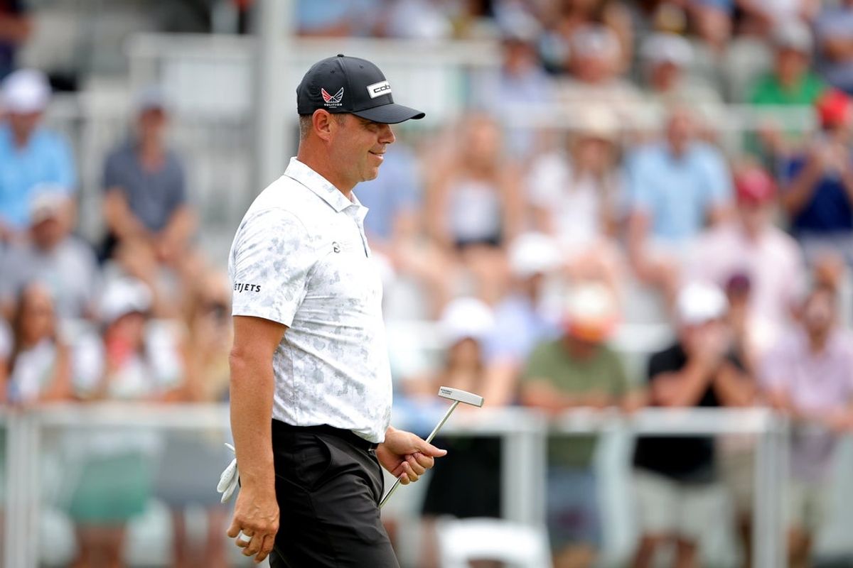Mar 28, 2026; Houston, Texas, USA; Gary Woodland reacts after putting on the green on the 18th hole during the third round of the Texas Children's Houston Open golf tournament. Mandatory Credit: Erik Williams-Imagn Images
