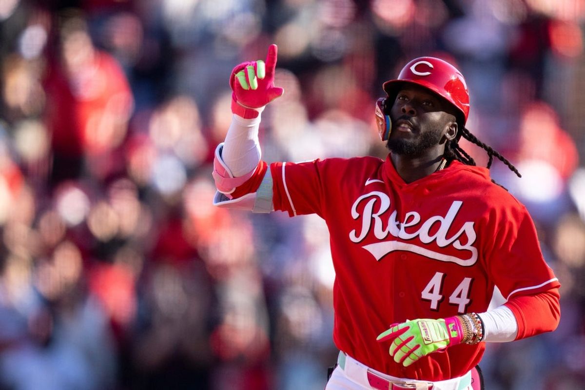 Cincinnati Reds shortstop Elly De La Cruz (44) gestures after hitting solo home run in the fifth inning between the Cincinnati Reds and Boston Red Sox at Great American Ball Park in Cincinnati on Saturday, March 28, 2026.