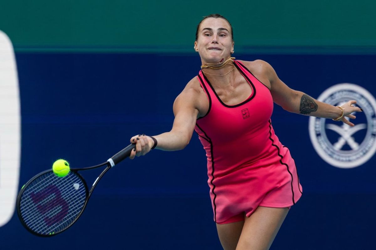 Mar 28, 2026; Miami Gardens, FL, USA; Aryna Sabalenka of Belarus hits a forehand against Coco Gauff of the United States in the final of the women’s singles at the Hard Rock Stadium. Mandatory Credit: Mike Frey-Imagn Images