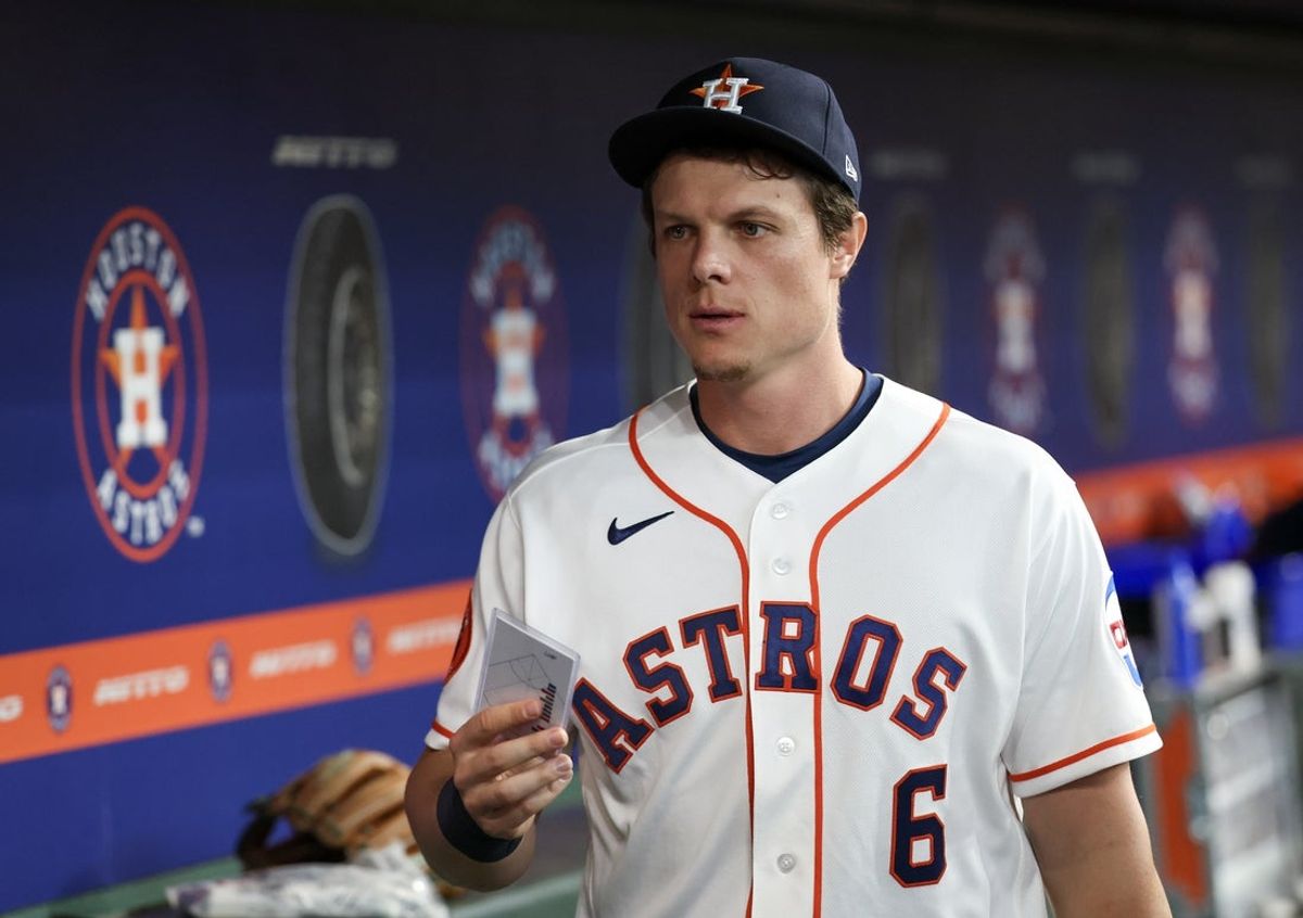 Mar 28, 2026; Houston, Texas, USA; Houston Astros center fielder Jake Meyers (6) looks at a defensive positioning card before playing against the Los Angeles Angels at Daikin Park. Mandatory Credit: Thomas Shea-Imagn Images
