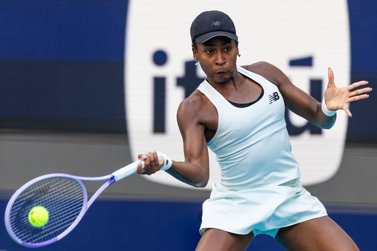 Mar 28, 2026; Miami Gardens, FL, USA; Coco Gauff of the United States hits a forehand against Aryna Sabalenka of Belarus in the final of the women’s singles at the Hard Rock Stadium. Mandatory Credit: Mike Frey-Imagn Images
