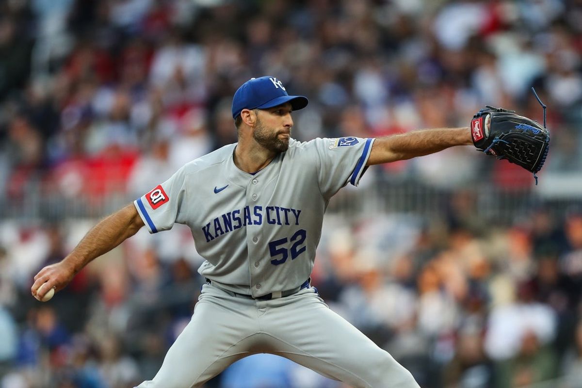 Mar 28, 2026; Cumberland, Georgia, USA; Kansas City Royals starting pitcher Michael Wacha (52) throws against the Atlanta Braves in the first inning at Truist Park. Mandatory Credit: Mady Mertens-Imagn Images