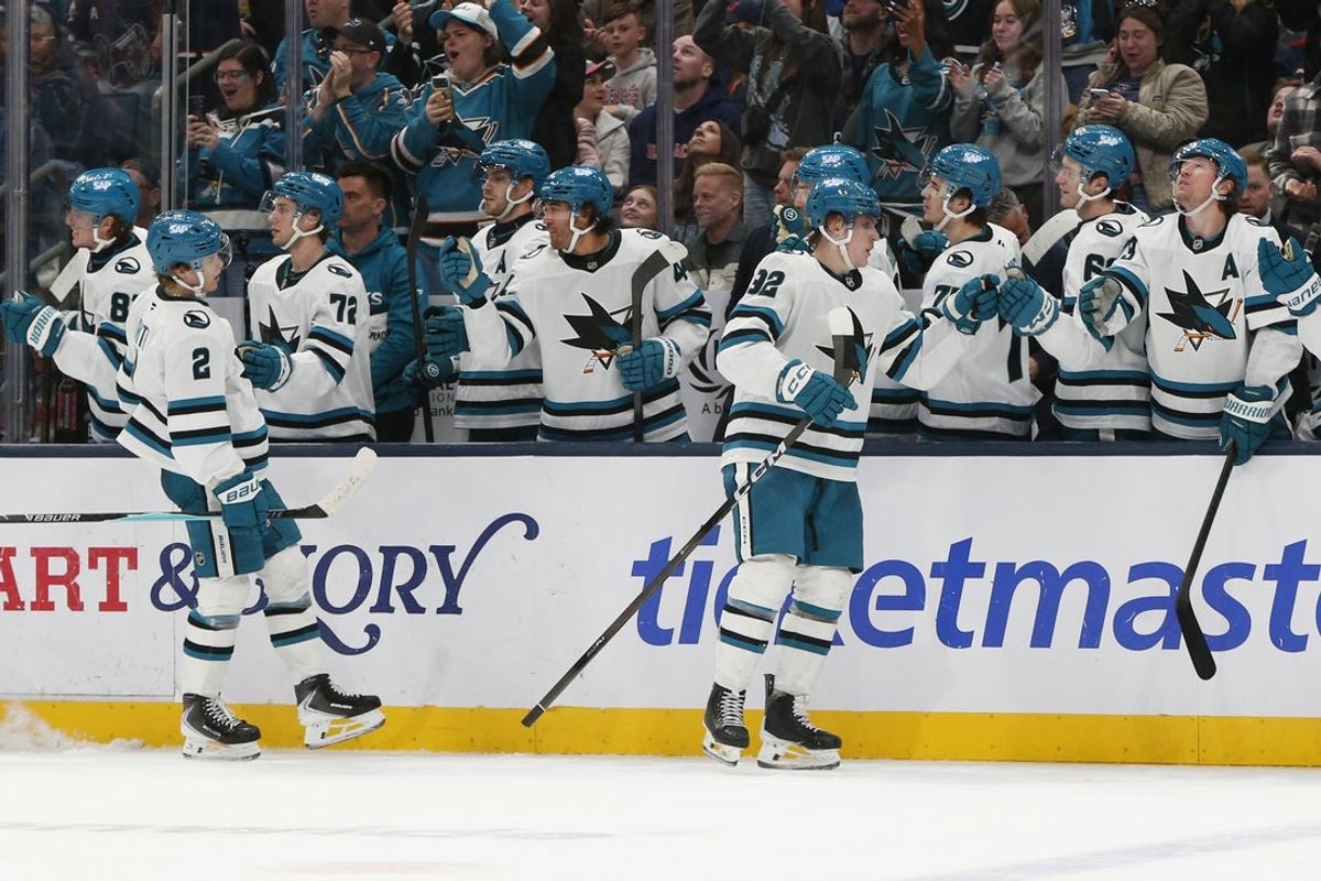 Mar 28, 2026; Columbus, Ohio, USA; San Jose Sharks left wing Igor Chernyshov (92) celebrates his goal against the Columbus Blue Jackets during the third period at Nationwide Arena. Mandatory Credit: Russell LaBounty-Imagn Images