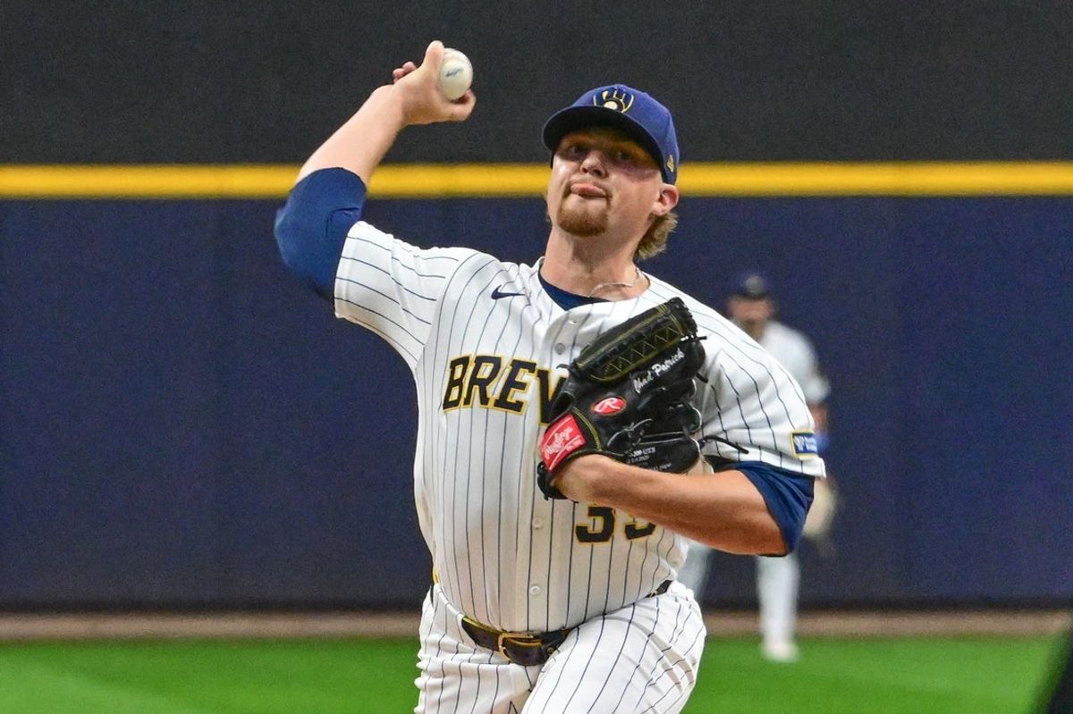 Mar 28, 2026; Milwaukee, Wisconsin, USA;  Milwaukee Brewers starting pitcher Chad Patrick (39) throws a pitch in the first inning against the Chicago White Sox at American Family Field. Mandatory Credit: Benny Sieu-Imagn Images