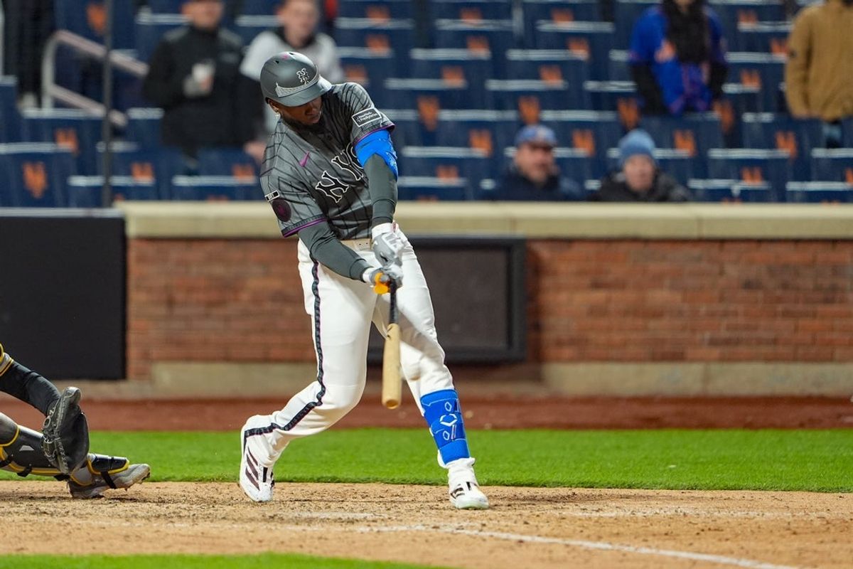 Mar 28, 2026; New York City, New York, USA; New York Mets center fielder Luis Robert Jr. (88) hits a three run walk off home run against the Pittsburgh Pirates during the eleventh inning at Citi Field. Mandatory Credit: Gregory Fisher-Imagn Images