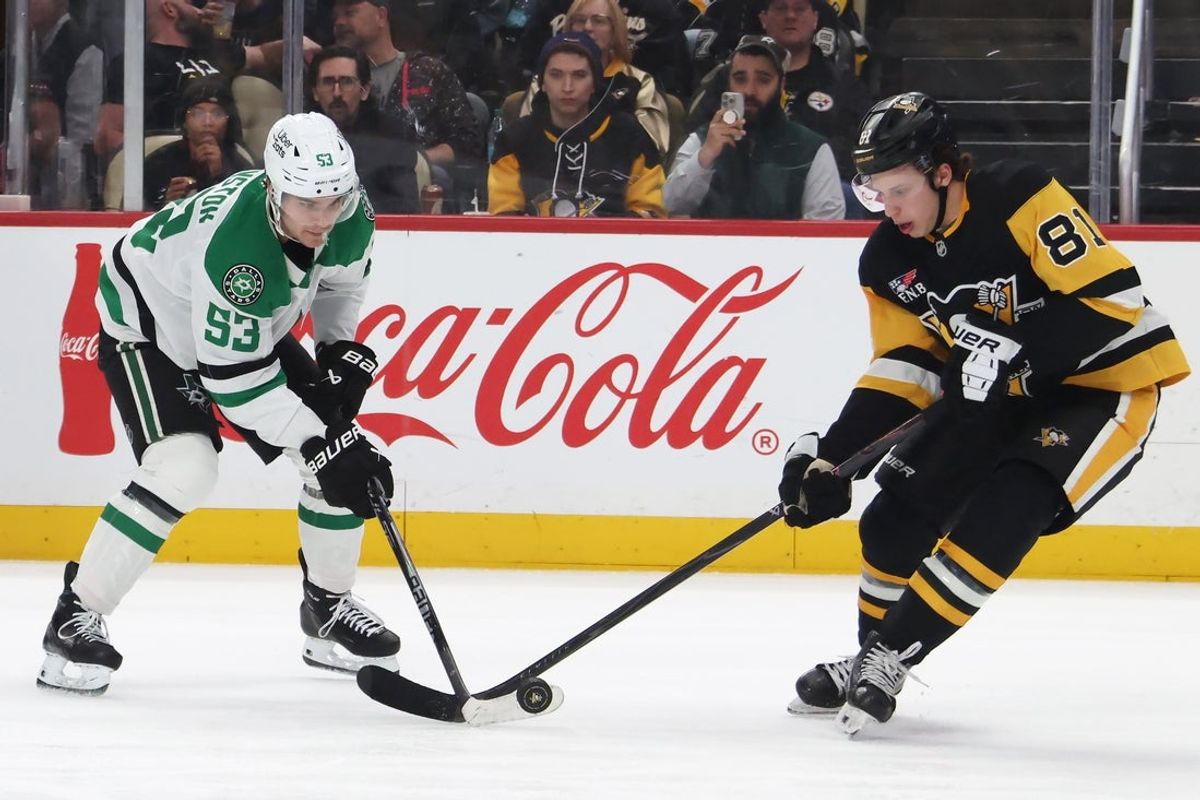 Mar 28, 2026; Pittsburgh, Pennsylvania, USA;  Dallas Stars center Wyatt Johnston (53) and Pittsburgh Penguins center Ben Kindel (81) fight for the puck during the second period  at PPG Paints Arena. Mandatory Credit: Charles LeClaire-Imagn Images