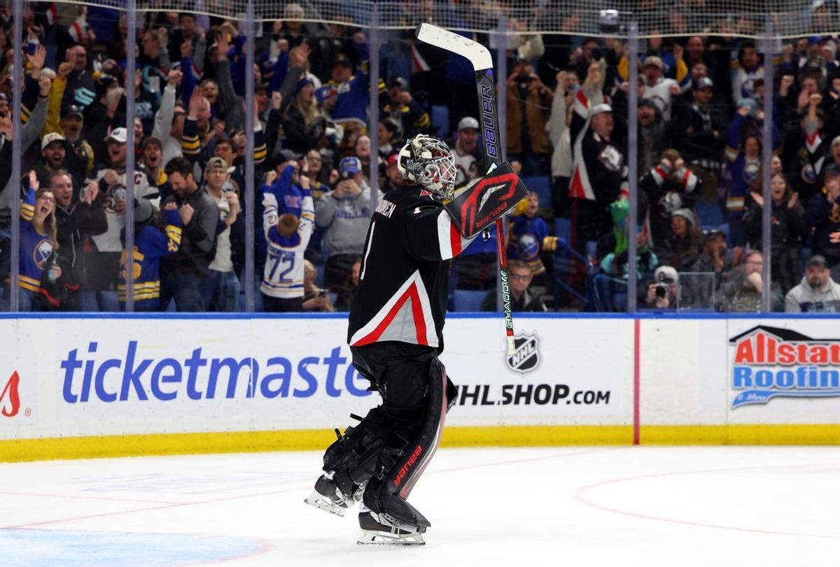 Mar 28, 2026; Buffalo, New York, USA;  Buffalo Sabres goaltender Ukko-Pekka Luukkonen (1) reacts after winning the game in a shootout against the Seattle Kraken at KeyBank Center. Mandatory Credit: Timothy T. Ludwig-Imagn Images
