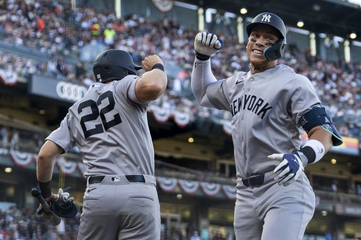 Mar 28, 2026; San Francisco, California, USA; New York Yankees right fielder Aaron Judge (99) is congratulated by first baseman Ben Rice (22) after hitting a home run against the San Francisco Giants in the fifth inning at Oracle Park. Mandatory Credit: Cary Edmondson-Imagn Images