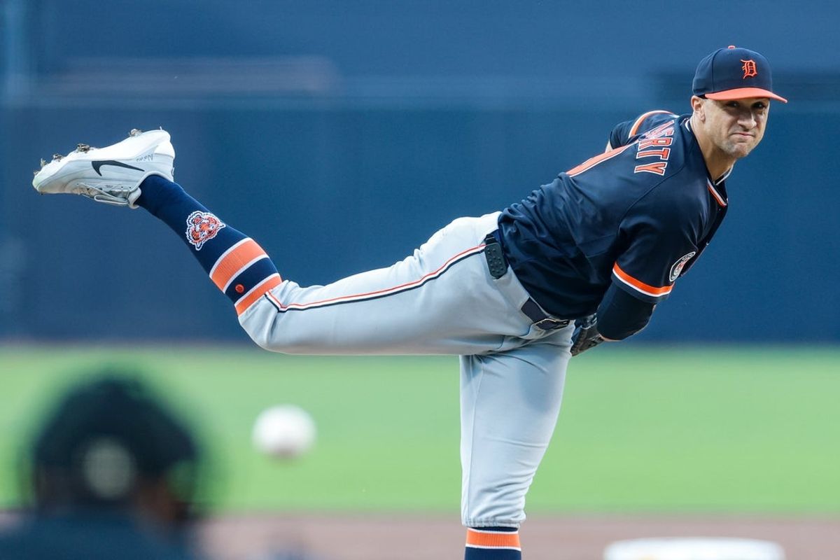 Mar 28, 2026; San Diego, California, USA; Detroit Tigers starting pitcher Jack Flaherty (9) throws a pitch during the first inning against the San Diego Padres at Petco Park. Mandatory Credit: David Frerker-Imagn Images