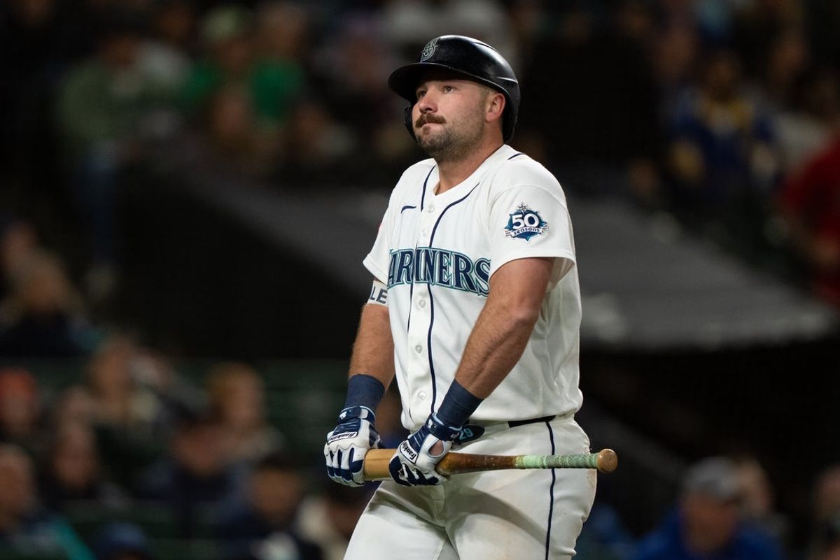 Mar 28, 2026; Seattle, Washington, USA; Seattle Mariners catcher Cal Raleigh (29) reacts after striking out during the ninth inning against the Cleveland Guardians at T-Mobile Park. Mandatory Credit: Stephen Brashear-Imagn Images