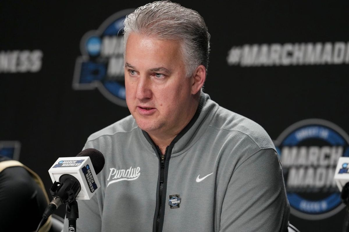 Purdue Boilermakers head coach Matt Painter answers media questions after falling to the Arizona Wildcats during a NCAA Tournament game Saturday, March 28, 2026 at SAP Center in San Jose, Calif. Purdue fell to Arizona 79-64.