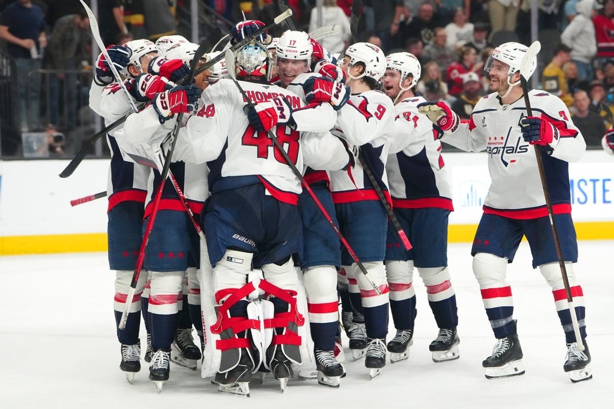 Mar 28, 2026; Las Vegas, Nevada, USA; Washington Capitals goaltender Logan Thompson (48) celebrates with team mates after the Capitals defeated the Vegas Golden Knights 5-4 in a shoot-out at T-Mobile Arena. Mandatory Credit: Stephen R. Sylvanie-Imagn Images