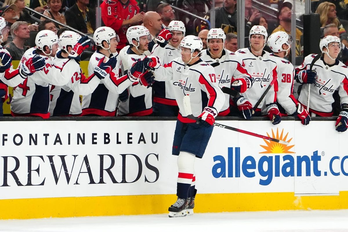 Mar 28, 2026; Las Vegas, Nevada, USA; Washington Capitals center Dylan Strome (17) celebrates after scoring a goal against the Vegas Golden Knights during a shoot-out at T-Mobile Arena. Mandatory Credit: Stephen R. Sylvanie-Imagn Images