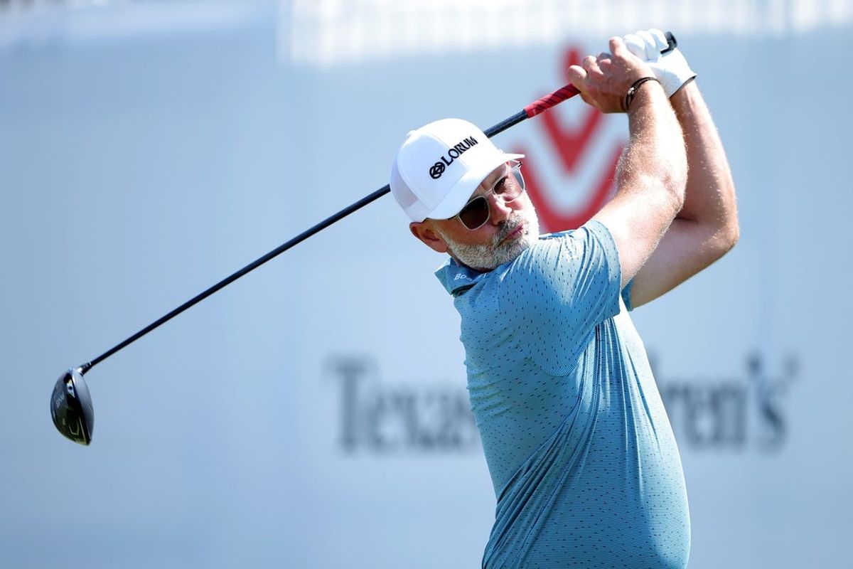 Mar 29, 2026; Houston, Texas, USA; Paul Waring hits a tee shot on the first hole during the final round of the Texas Children's Houston Open golf tournament. Mandatory Credit: Erik Williams-Imagn Images