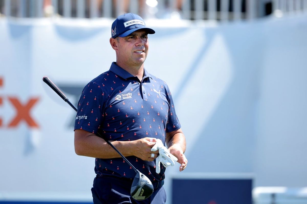 Mar 29, 2026; Houston, Texas, USA; Gary Woodland prepares to tee off on the first hole during the final round of the Texas Children's Houston Open golf tournament. Mandatory Credit: Erik Williams-Imagn Images