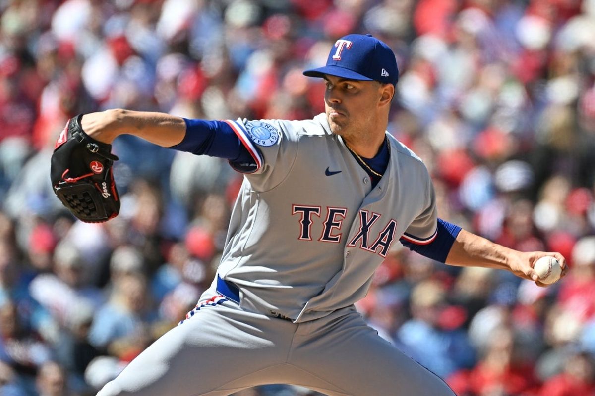 Mar 29, 2026; Philadelphia, Pennsylvania, USA; Texas Rangers pitcher MacKenzie Gore (1) throws a pitch against the Philadelphia Phillies during the second inning at Citizens Bank Park. Mandatory Credit: Eric Hartline-Imagn Images