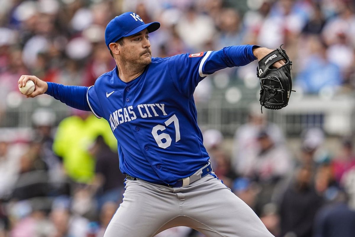 Mar 29, 2026; Cumberland, Georgia, USA; Kansas City Royals pitcher Seth Lugo (67) pitches against the Atlanta Braves during the first inning at Truist Park. Mandatory Credit: Dale Zanine-Imagn Images