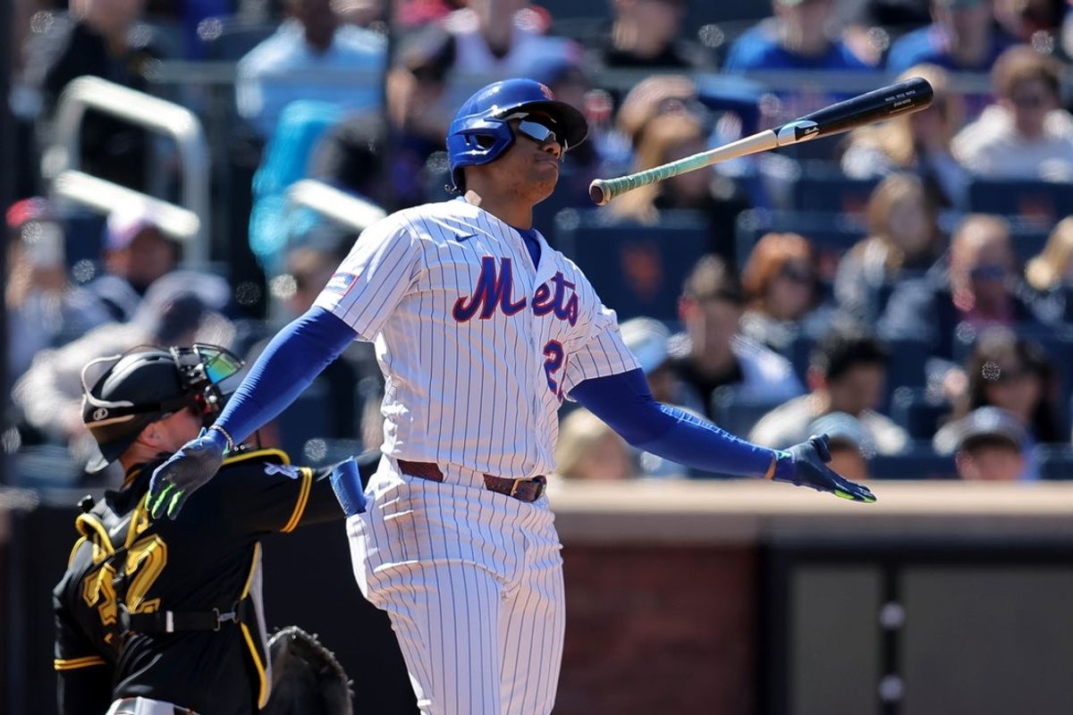 Mar 29, 2026; New York City, New York, USA; New York Mets left fielder Juan Soto (22) reacts after striking out during the third inning against the Pittsburgh Pirates at Citi Field. Mandatory Credit: Brad Penner-Imagn Images
