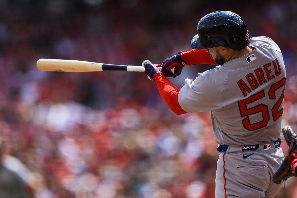 Mar 29, 2026; Cincinnati, Ohio, USA; Boston Red Sox outfielder Wilyer Abreu (52) hits a two-run home run in the fourth inning against the Cincinnati Reds at Great American Ball Park. Mandatory Credit: Katie Stratman-Imagn Images