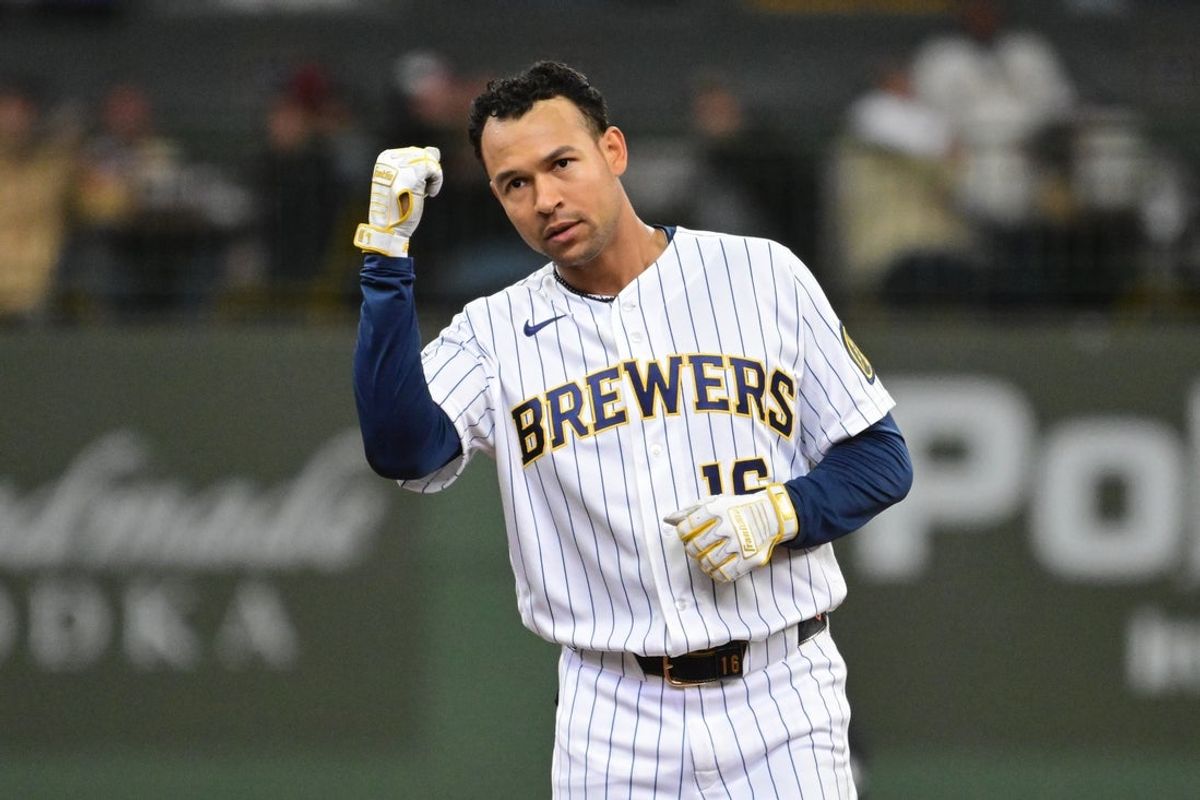 Mar 29, 2026; Milwaukee, Wisconsin, USA;  Milwaukee Brewers center fielder Blake Perkins (16) reacts after hitting a double in the fifth inning against the Chicago White Sox at American Family Field. Mandatory Credit: Benny Sieu-Imagn Images