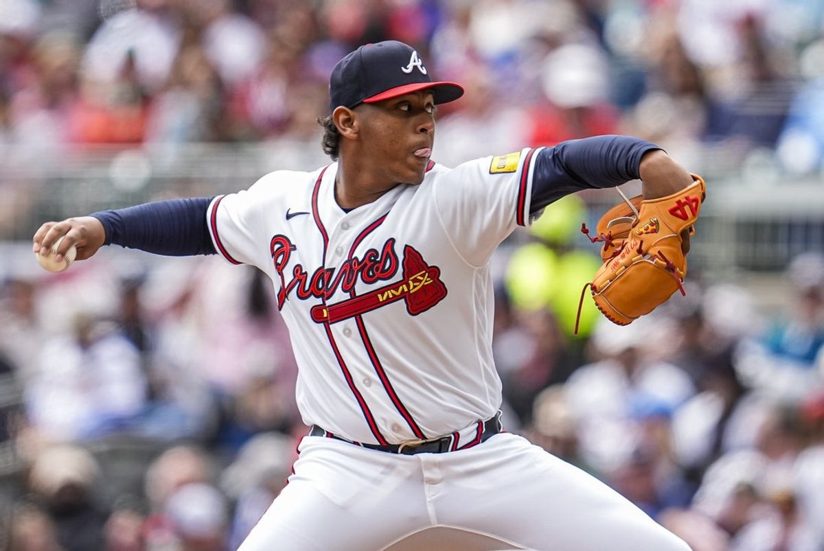 Mar 29, 2026; Cumberland, Georgia, USA; Atlanta Braves pitcher Didier Fuentes (72) pitches against the Kansas City Royals during the sixth inning at Truist Park. Mandatory Credit: Dale Zanine-Imagn Images