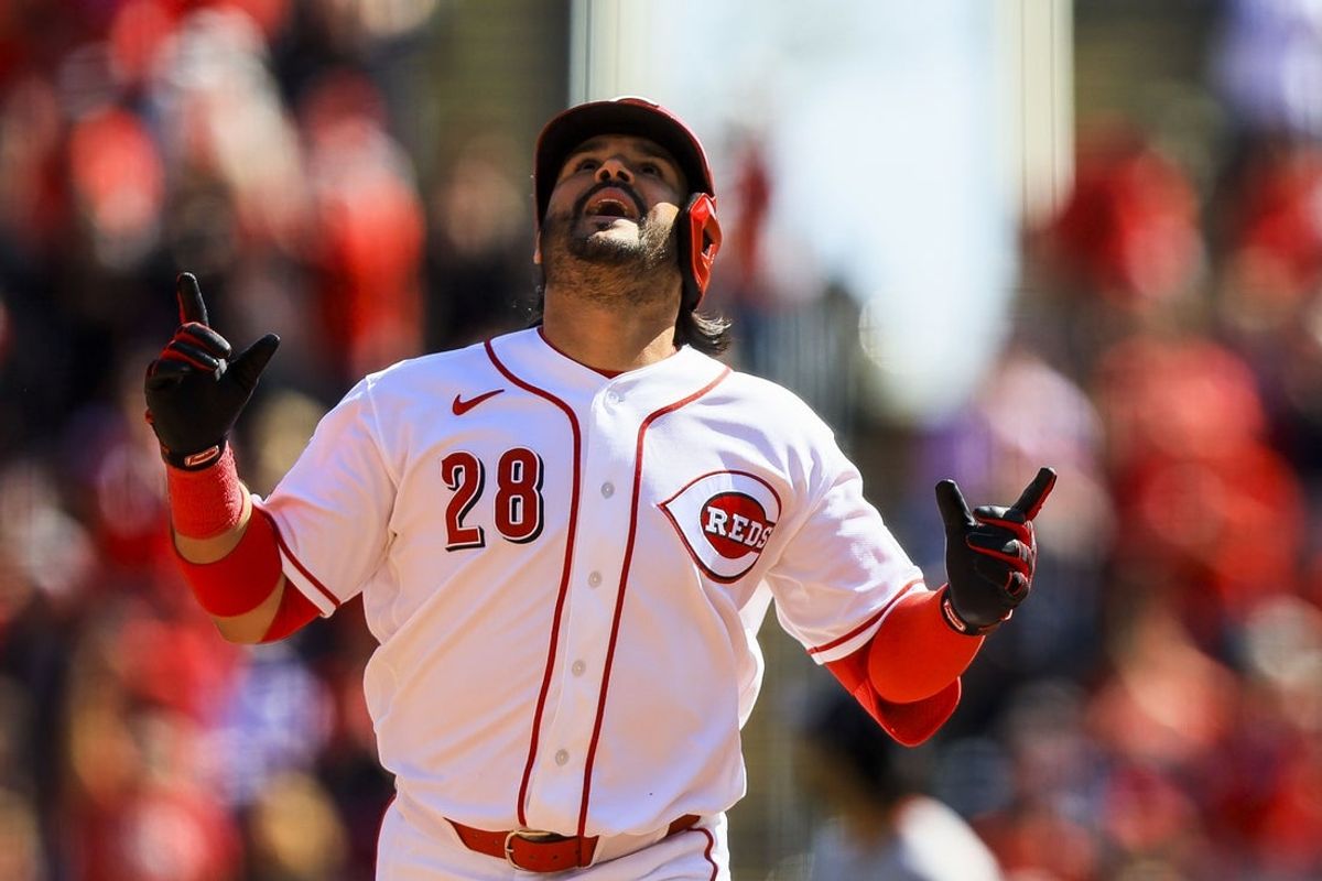 Mar 29, 2026; Cincinnati, Ohio, USA; Cincinnati Reds third baseman Eugenio Suarez (28) reacts after hitting a three-run home run in the sixth inning against the Boston Red Sox at Great American Ball Park. Mandatory Credit: Katie Stratman-Imagn Images