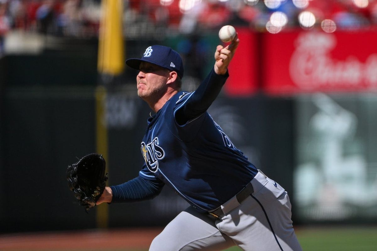 Mar 29, 2026; St. Louis, Missouri, USA; Tampa Bay Rays pitcher Garrett Cleavinger (60) pitches against the St. Louis Cardinals during the seventh inning at Busch Stadium. Mandatory Credit: Jeff Curry-Imagn Images