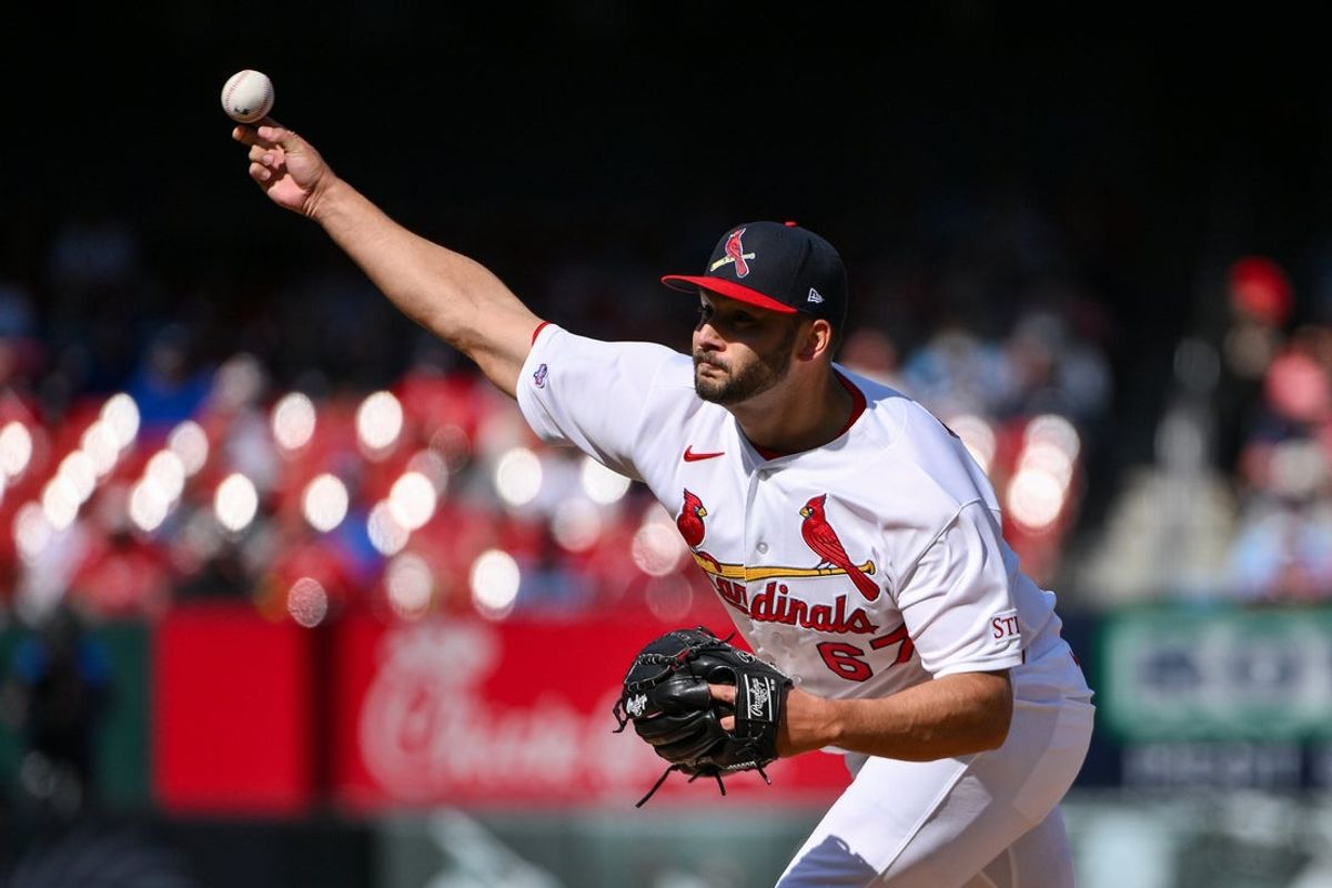 Mar 29, 2026; St. Louis, Missouri, USA; St. Louis Cardinals pitcher Matt Pushard (67) pitches in his major league debut in the eighth inning against the Tampa Bay Rays at Busch Stadium. Mandatory Credit: Jeff Curry-Imagn Images