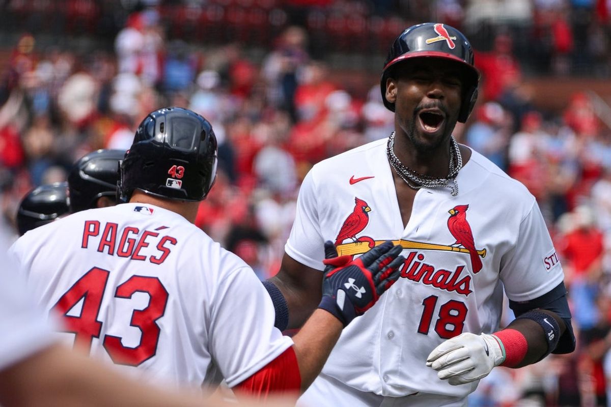 Mar 29, 2026; St. Louis, Missouri, USA; St. Louis Cardinals right fielder Jordan Walker (18) reacts after hitting a two run home run against the Tampa Bay Rays during the fourth inning at Busch Stadium. Mandatory Credit: Jeff Curry-Imagn Images