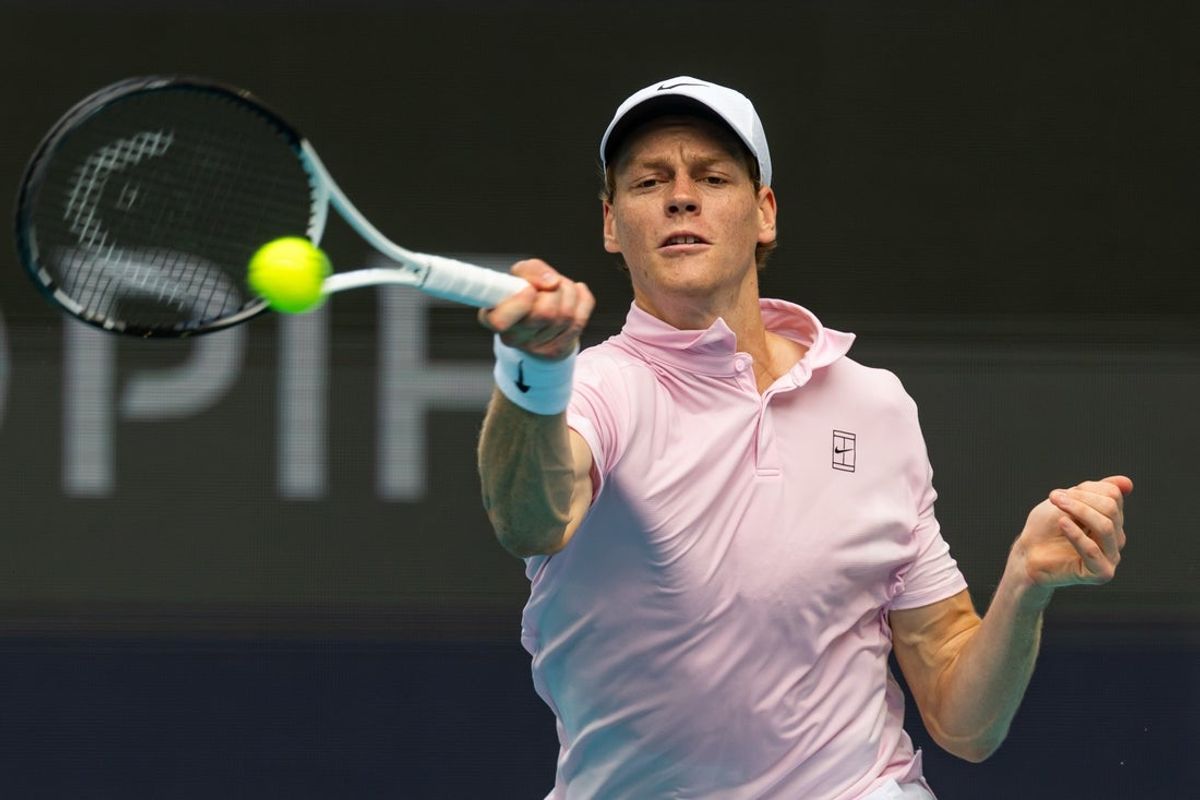 Mar 29, 2026; Miami Gardens, FL, USA; Jannik Sinner of Italy hits a forehand against Jiri Lehecka of the Czech Republic during the final of the men’s singles final of the Miami Open at the Hard Rock Stadium. Mandatory Credit: Mike Frey-Imagn Images