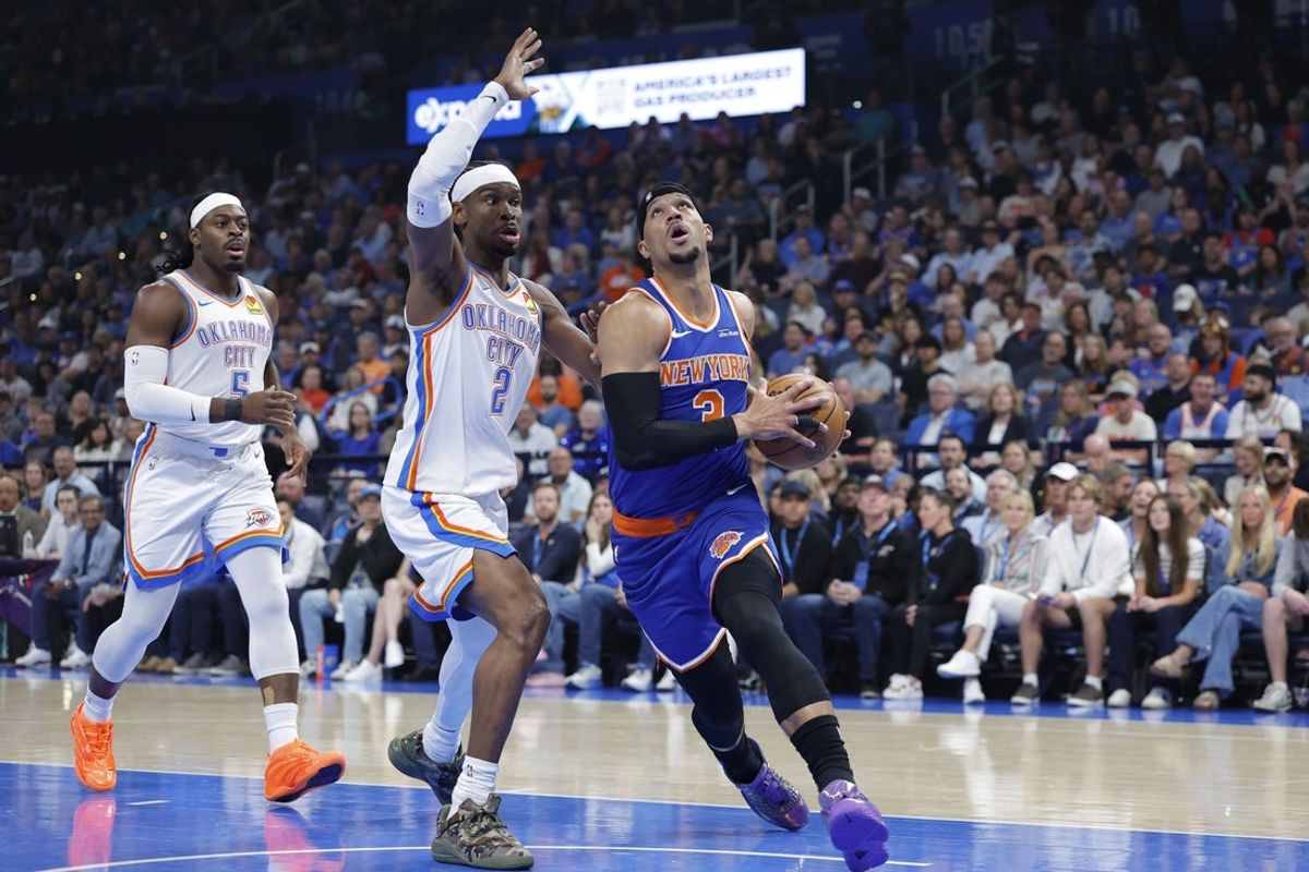 Mar 29, 2026; Oklahoma City, Oklahoma, USA; New York Knicks guard Josh Hart (3) drives past Oklahoma City Thunder guard Shai Gilgeous-Alexander (2) during the first half at Paycom Center. Mandatory Credit: Alonzo Adams-Imagn Images