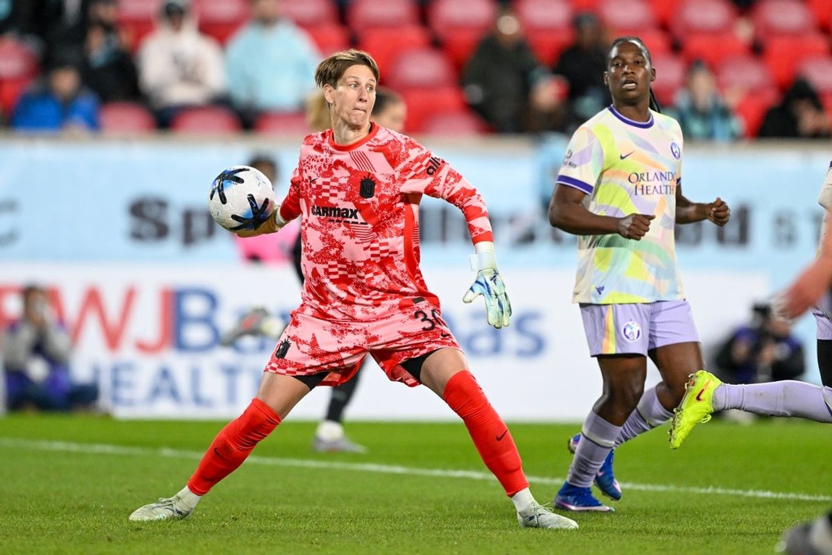 Mar 29, 2026; Harrison, New Jersey, USA; Gotham FC goalkeeper Ann-Katrin Berger (30) looks to throw the ball during the first half against the Orlando Pride at Sports Illustrated Stadium. Mandatory Credit: Mark Smith-Imagn Images