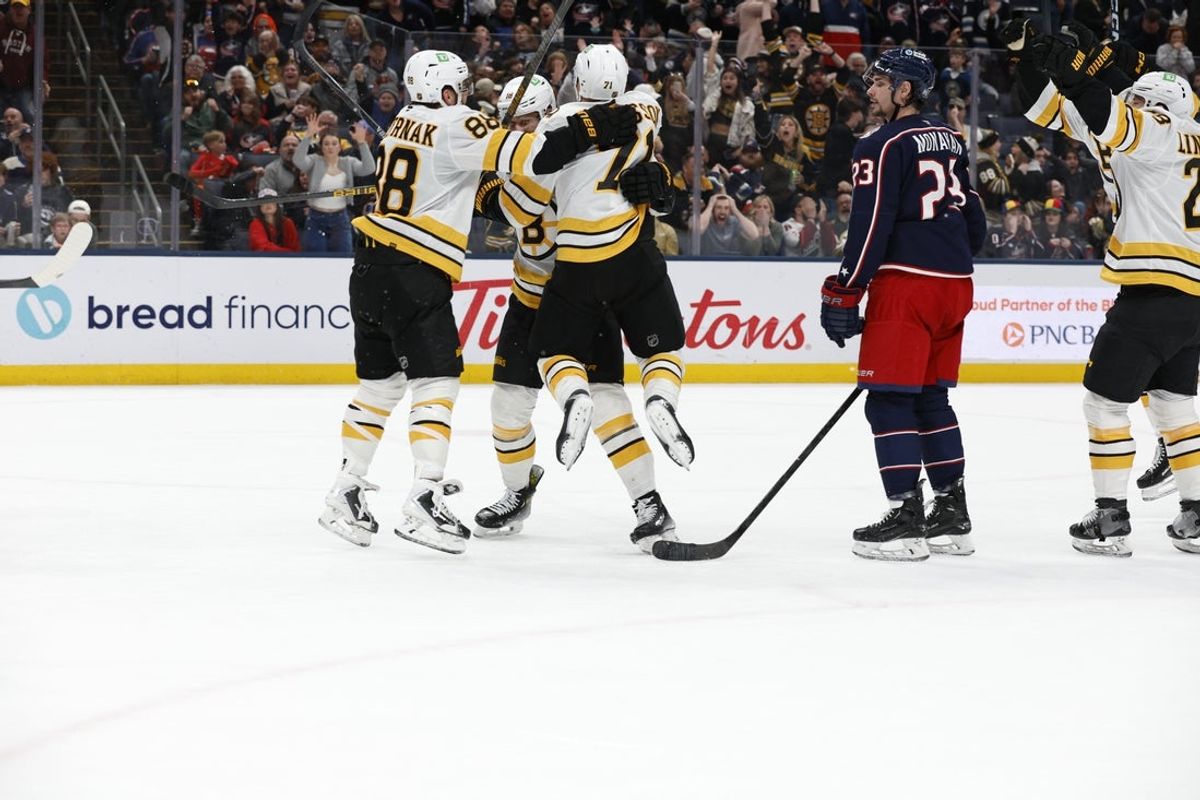 Mar 29, 2026; Columbus, Ohio, USA; Boston Bruins left wing Viktor Arvidsson (71) celebrates his goal against the Columbus Blue Jackets during the third period at Nationwide Arena. Mandatory Credit: Russell LaBounty-Imagn Images