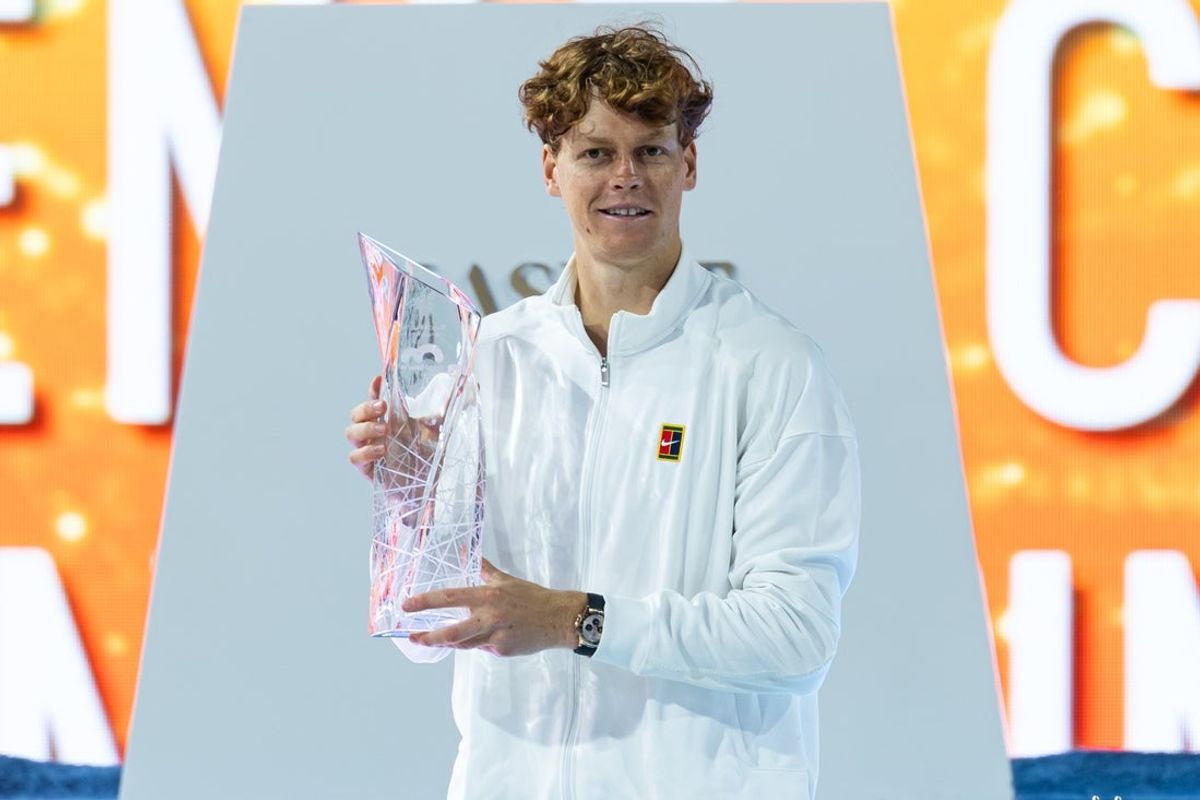 Mar 29, 2026; Miami Gardens, FL, USA; Jannik Sinner of Italy poses with the Butch Buchholz Championship Trophy after defeating Jiri Lehecka of the Czech Republic in the final of the men’s singles at the Miami Open at the Hard Rock Stadium. Mandatory Credit: Mike Frey-Imagn Images