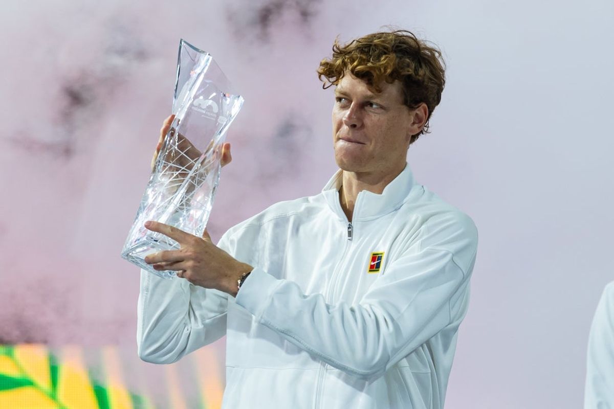 Mar 29, 2026; Miami Gardens, FL, USA; Jannik Sinner of Italy poses with the Butch Buchholz Championship Trophy after defeating Jiri Lehecka of the Czech Republic in the final of the men’s singles at the Miami Open at the Hard Rock Stadium. Mandatory Credit: Mike Frey-Imagn Images