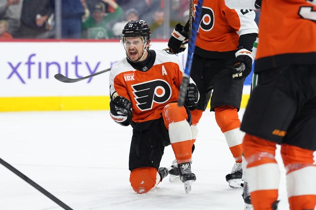 Mar 29, 2026; Philadelphia, Pennsylvania, USA; Philadelphia Flyers right wing Travis Konecny (11) reacts after scoring a goal against the Dallas Stars in the second period at Xfinity Mobile Arena. Mandatory Credit: Kyle Ross-Imagn Images