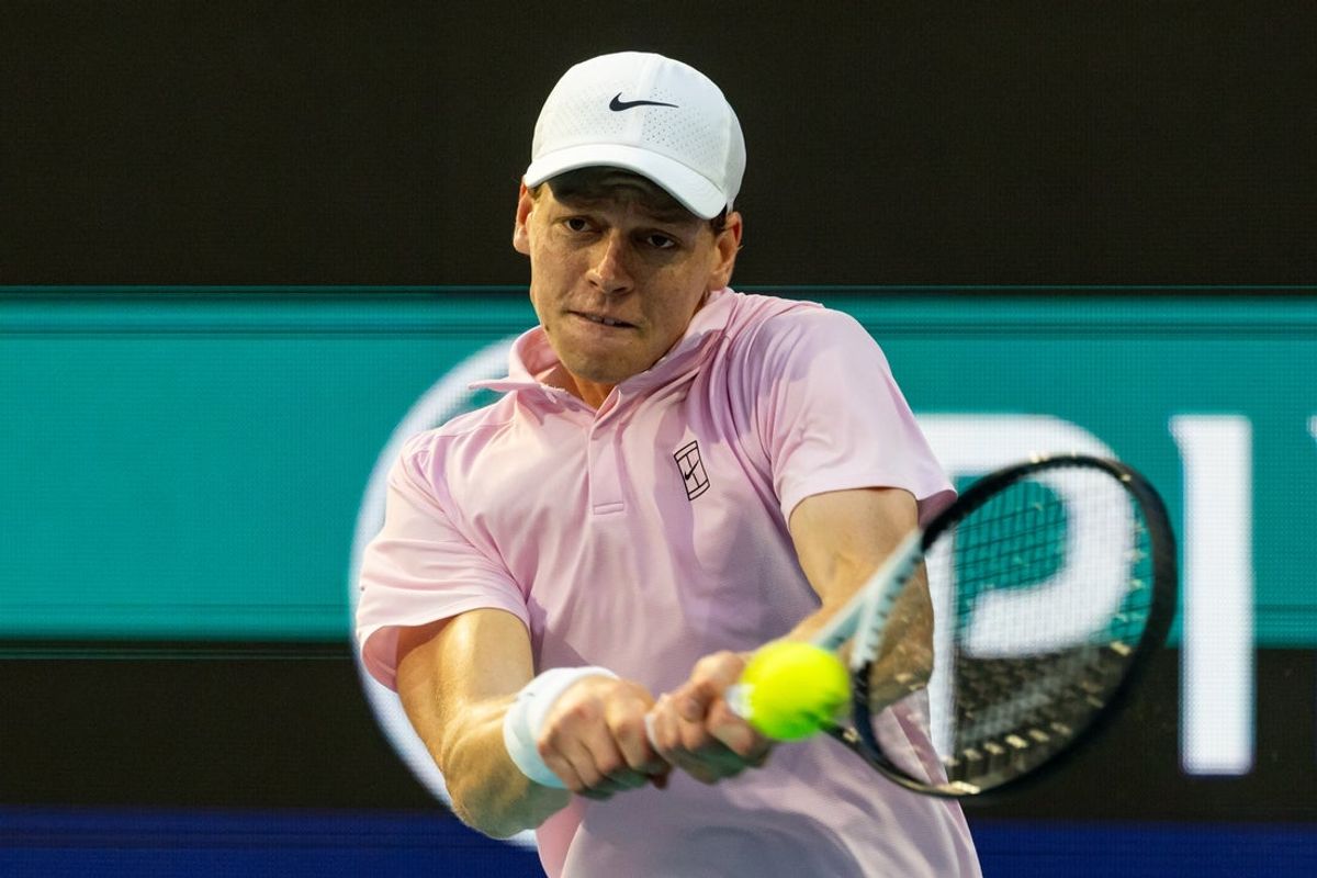 Mar 29, 2026; Miami Gardens, FL, USA; Jannik Sinner of Italy hits a backhand against Jiri Lehecka of the Czech Republic after beating him in the final of the men’s singles at the Miami Open at the Hard Rock Stadium. Mandatory Credit: Mike Frey-Imagn Images