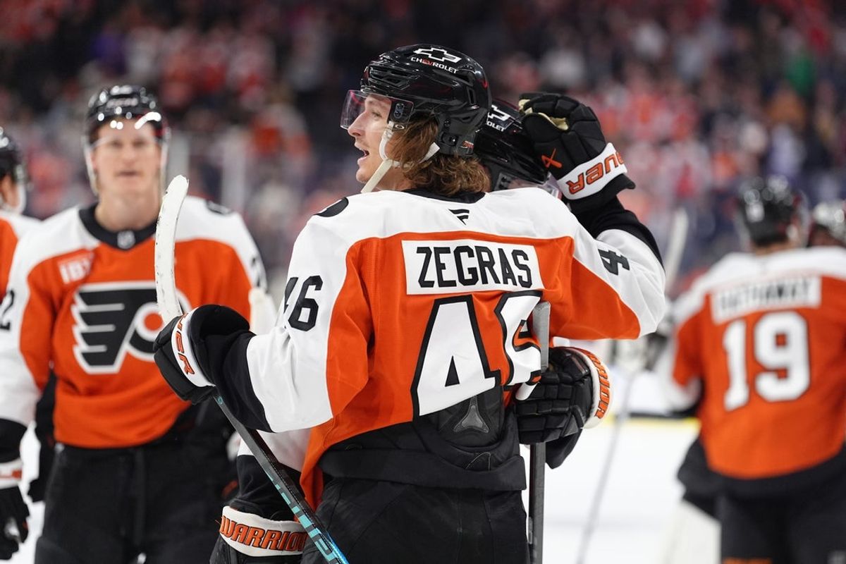 Mar 29, 2026; Philadelphia, Pennsylvania, USA; Philadelphia Flyers center Trevor Zegras (46) reacts after scoring a goal against the Dallas Stars in overtime at Xfinity Mobile Arena. Mandatory Credit: Kyle Ross-Imagn Images