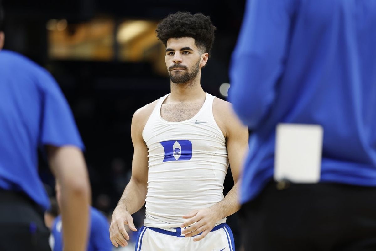 Mar 29, 2026; Washington, DC, USA; Duke Blue Devils guard Cayden Boozer warms up prior to the game against the UConn Huskies during an Elite Eight game of the East Regional of the men's 2026 NCAA Tournament at Capital One Arena. Mandatory Credit: Amber Searls-Imagn Images