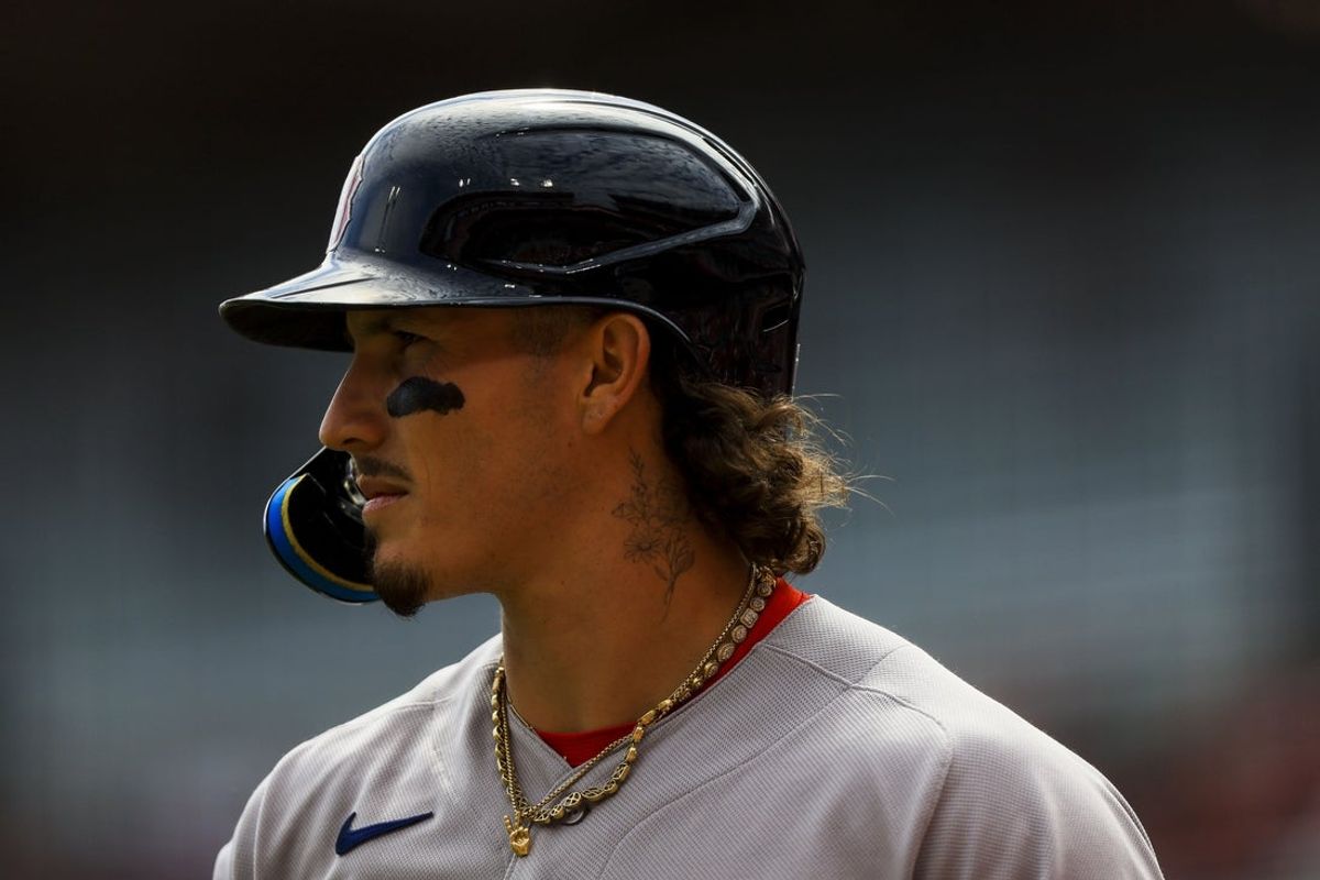 Mar 29, 2026; Cincinnati, Ohio, USA; Boston Red Sox outfielder Jarren Duran (16) prepares on deck in the third inning against the Cincinnati Reds at Great American Ball Park. Mandatory Credit: Katie Stratman-Imagn Images