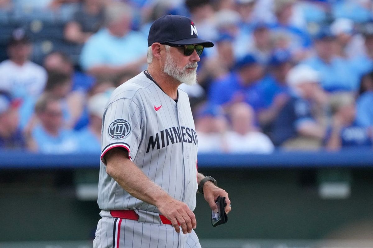 Mar 30, 2026; Kansas City, Missouri, USA; Minnesota Twins manager Derek Shelton (8) walks to the mound for a pitcher change against the Kansas City Royals in the seventh inning at Kauffman Stadium. Mandatory Credit: Denny Medley-Imagn Images