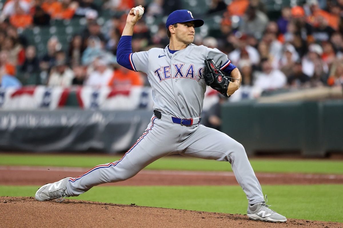 Mar 30, 2026; Baltimore, Maryland, USA; Texas Rangers pitcher Jack Leiter (22) throws during the first inning against the Baltimore Orioles at Oriole Park at Camden Yards. Mandatory Credit: Daniel Kucin Jr.-Imagn Images