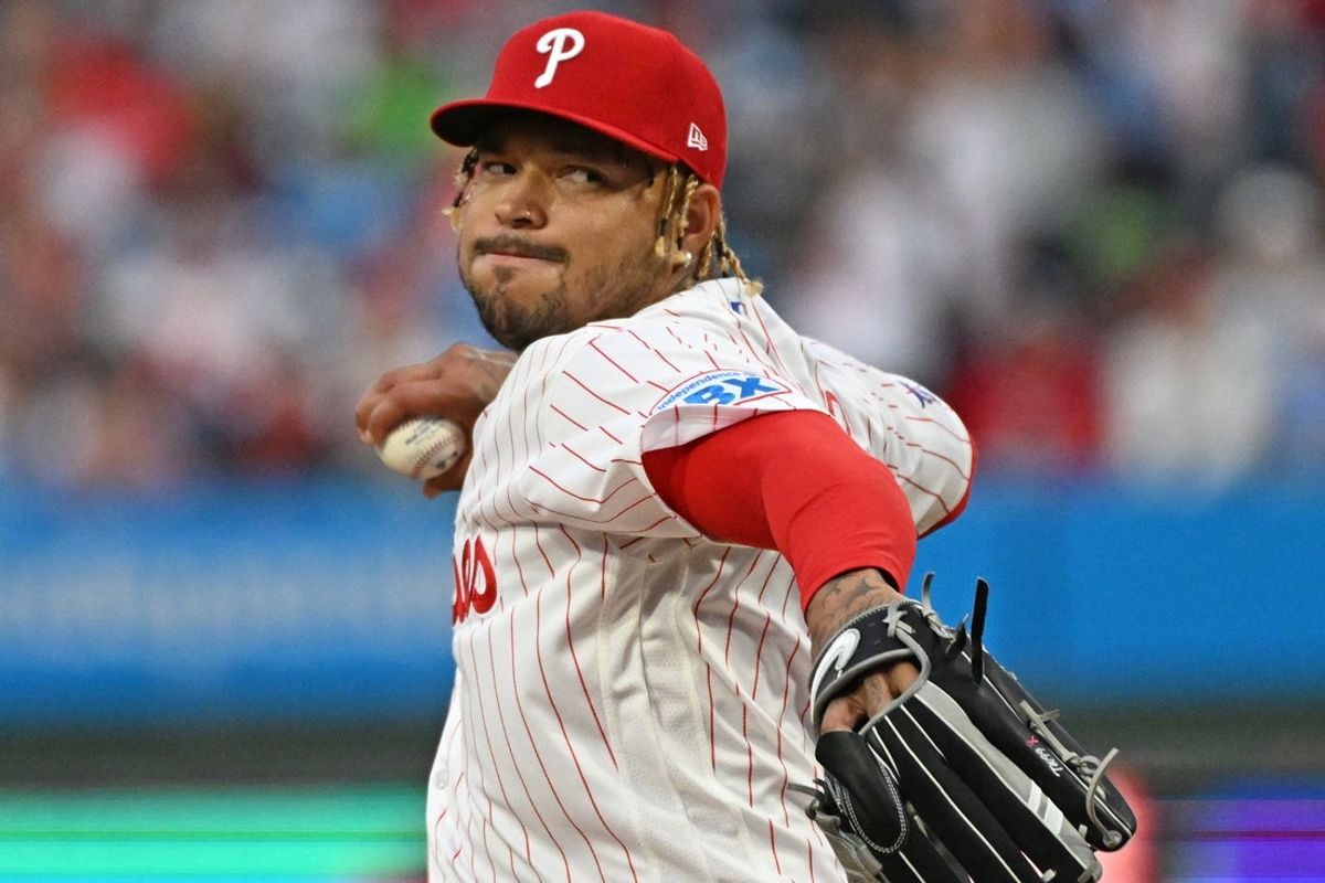 Mar 30, 2026; Philadelphia, Pennsylvania, USA; Philadelphia Phillies pitcher Taijuan Walker (99) throws a pitch against the Washington Nationals during the first inning at Citizens Bank Park. Mandatory Credit: Eric Hartline-Imagn Images