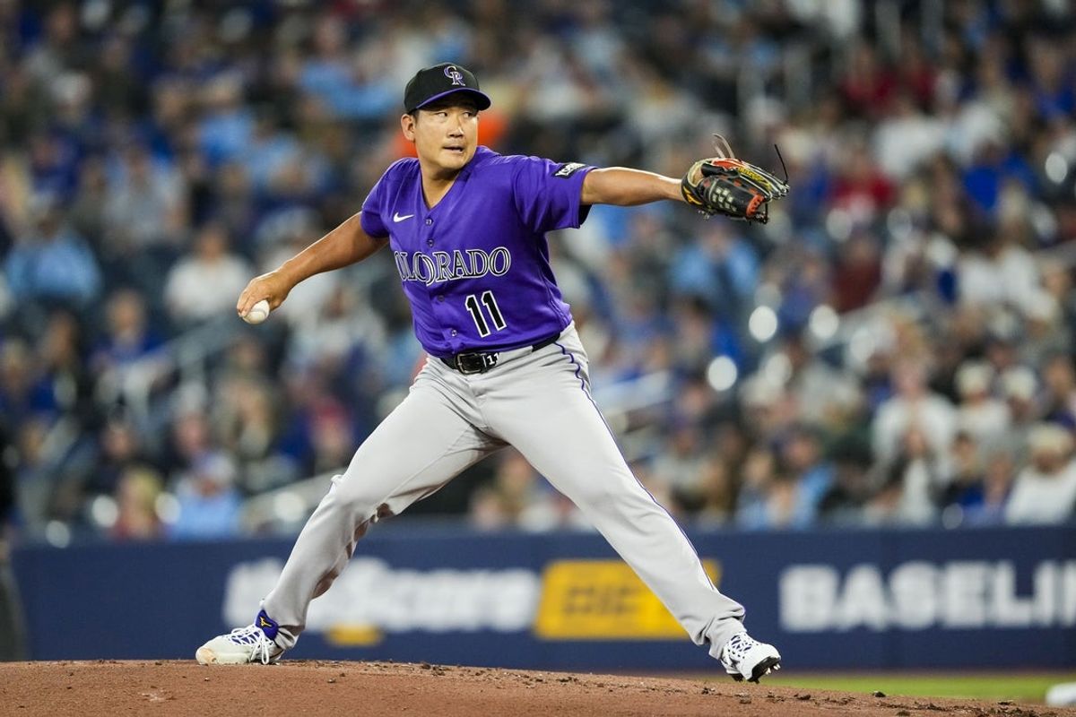 Mar 30, 2026; Toronto, Ontario, CAN; Colorado Rockies Tomoyuki Sugano (11) pitches to the Toronto Blue Jays during the first inning at Rogers Centre. Mandatory Credit: Kevin Sousa-Imagn Images
