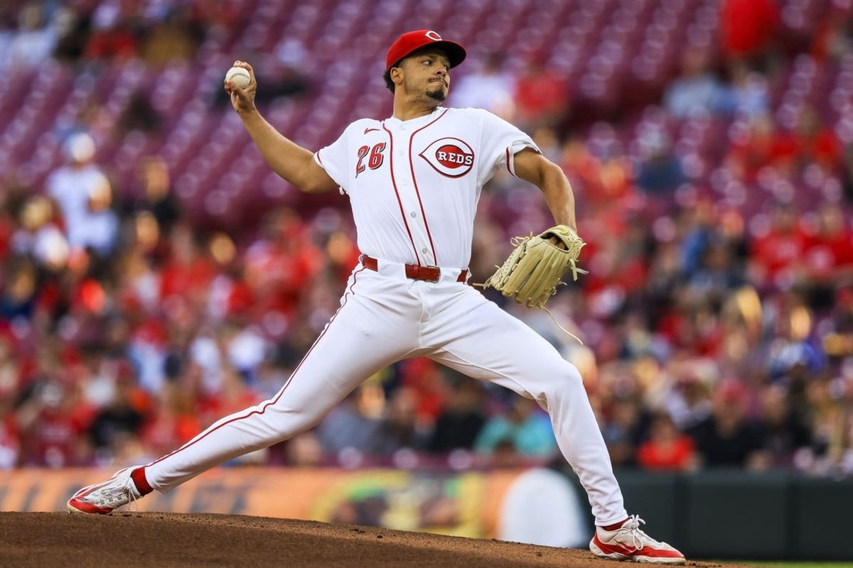 Mar 30, 2026; Cincinnati, Ohio, USA; Cincinnati Reds starting pitcher Chase Burns (26) pitches against the Pittsburgh Pirates in the first inning at Great American Ball Park. Mandatory Credit: Katie Stratman-Imagn Images