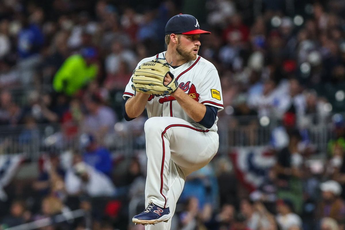 Mar 30, 2026; Cumberland, Georgia, USA; Atlanta Braves pitcher Bryce Elder (55) pitches against the Athletics during the third inning at Truist Park. Mandatory Credit: Jordan Godfree-Imagn Images