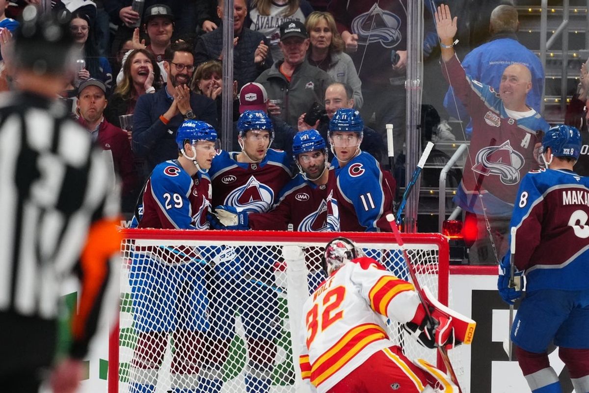 Mar 30, 2026; Denver, Colorado, USA; Colorado Avalanche center Nazem Kadri (91) celebrates his second goal of the first period with center Nathan MacKinnon (29),center Martin Necas (88) and center Brock Nelson (11) against the Calgary Flames at Ball Arena. Mandatory Credit: Ron Chenoy-Imagn Images